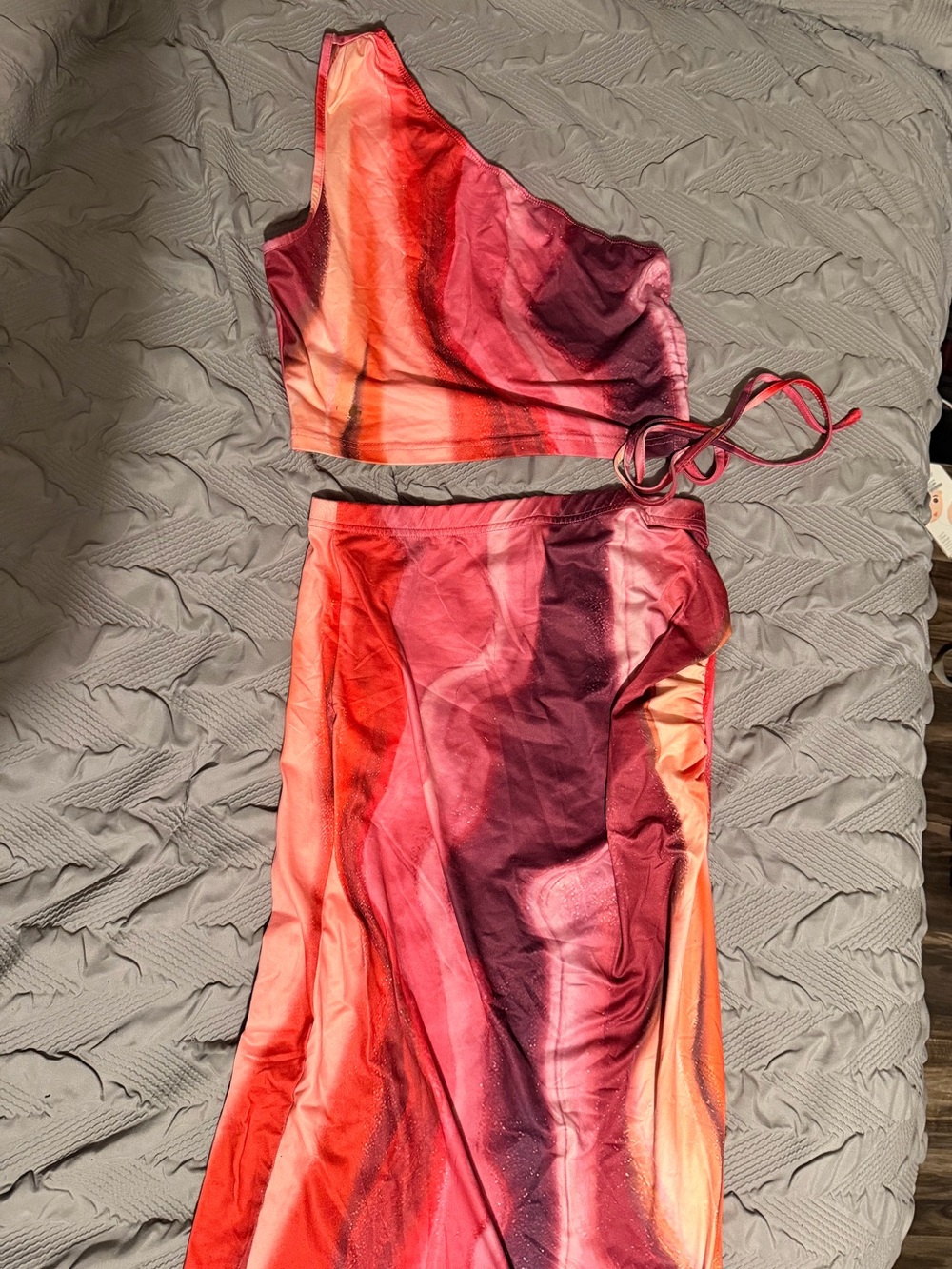 SHEIN Red Pink Orange Ombre One-Shoulder Skirt Set